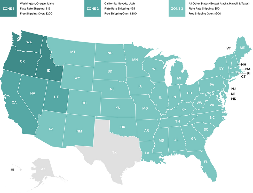 Map of the United States with three shipping zones color coded